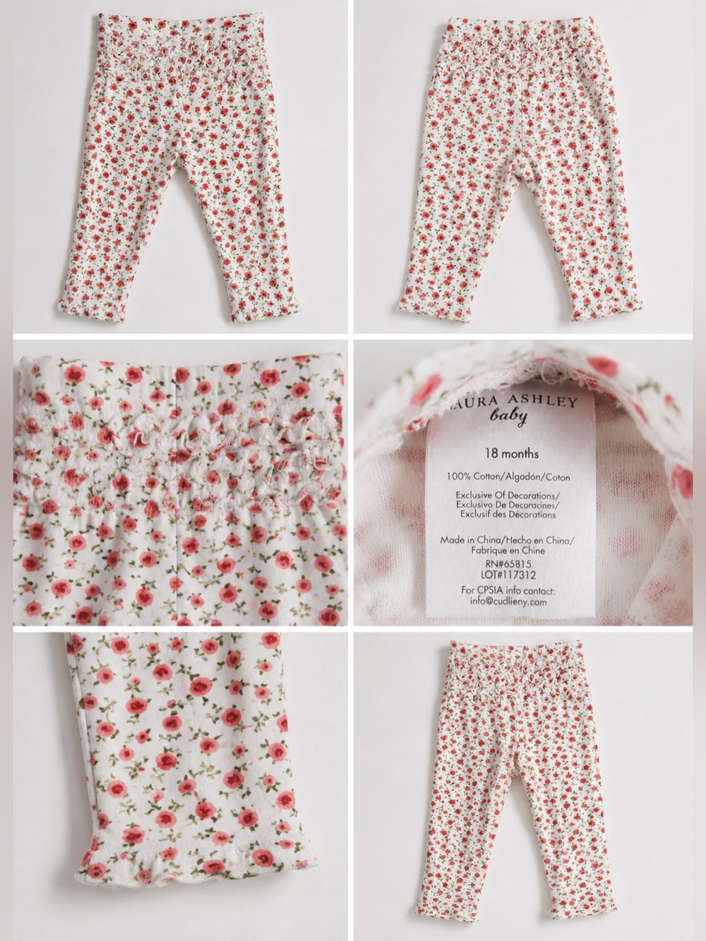 Laura Ashley White Cotton Floral Pants with Pink Roses